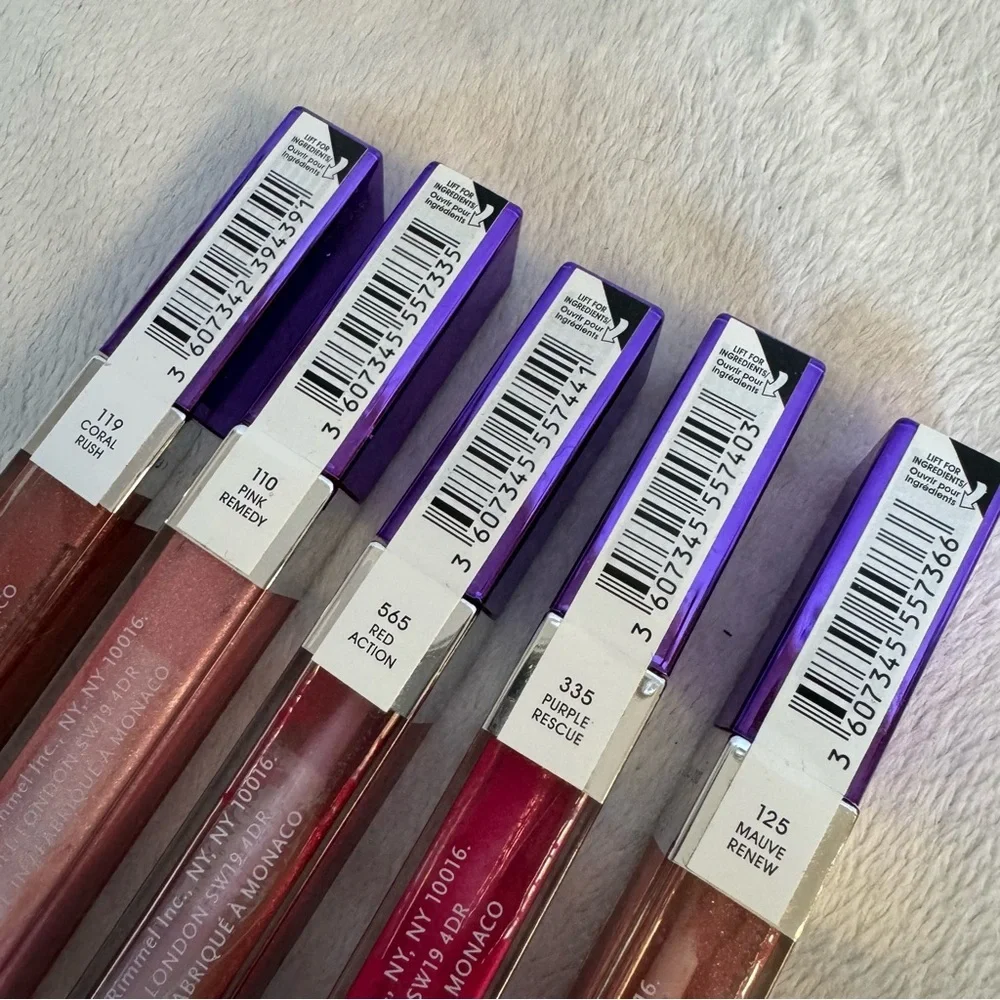 NWT RIMMEL moisture renew lip gloss set 5pc collagen coral pink red purple mauve